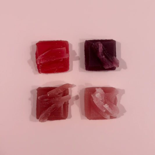 Minidoosje met 4 eetbare kristallen met rode vruchten