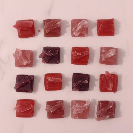 Minidoosje met 4 eetbare kristallen met rode vruchten